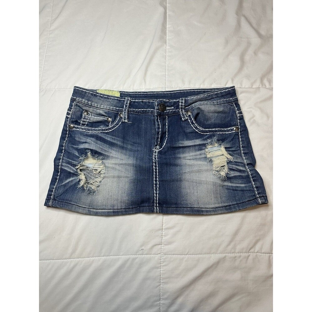 Y2K Machine Cambridge Low Rise Denim Micro Mini Skirt USA 30 Italy L Distressed